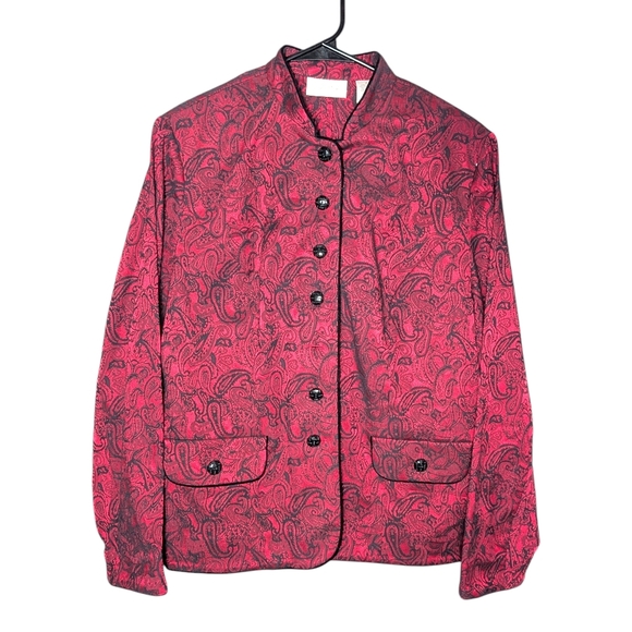 Vintage Paisley Jacquard Brocade Blazer Women Mandarin Collar Baroque Red Jacket - Picture 4 of 16
